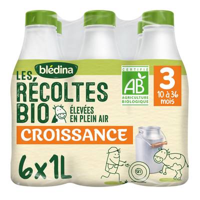 Blédina - Les Récoltes Bio Lait de Croissance Bio 3 Liquide Bébé Dès 10 Mois, 6x1L