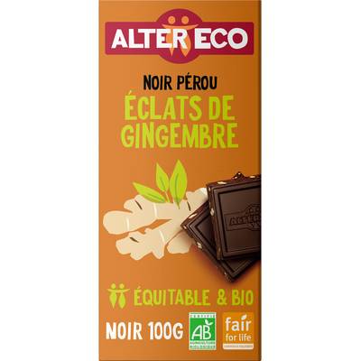 Alter Eco - Commerce Equitable Chocolat noir éclats de gingembre 60% Cacao Bio d'Equateur, 100g