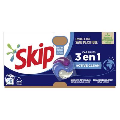 Skip Capsule 3 en 1 Active Clean emballage sans plastique, 26 capsules