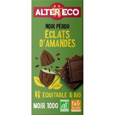 Alter Eco - Commerce Equitable Chocolat noir éclats d'amandes 60% Cacao bio du Pérou, 100g