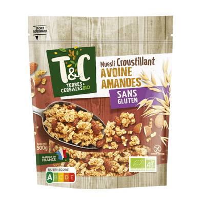 Terres et Céréales Bio Muesli Croustillant Avoine Amandes Sans Gluten Bio, 500g