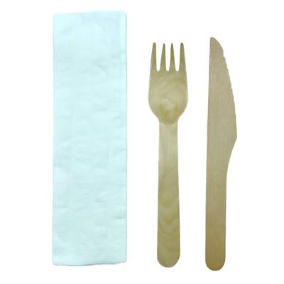 Couverts jetable bois couteau fourche serviette, 3 pièces