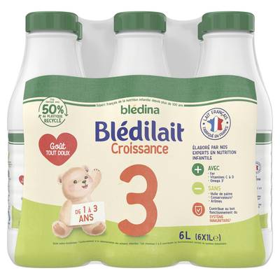 Blédina - Blédilait Lait de Croissance 3 Liquide Bébé Dès 12 Mois, 6x1L