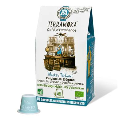 Terramoka Café bio Nelson Décaféiné biodégradable sans aluminium, 15 capsules