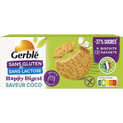 Gerblé Sans Gluten Sans Lactose 9 biscuits Saveur Coco sans gluten -37% de sucres en moins - Happy Digest, 150g