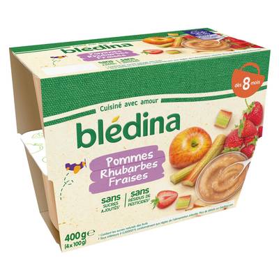 Blédina Pommes Rhubarbe Fraises Coupelle Bébé Dès 8 mois, 4x100g