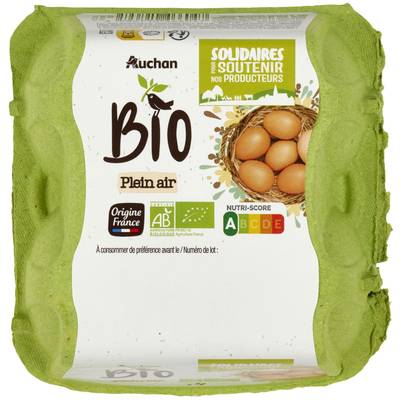 Auchan Solidaires Bio Oeufs de poules Bio élevées en plein air, 4 oeufs
