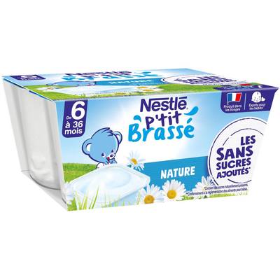 Nestlé - P'tit Brassé Dessert Lacté Nature Sans Sucres Ajoutés Coupelle Bébé Dès 6 mois, 4x90g