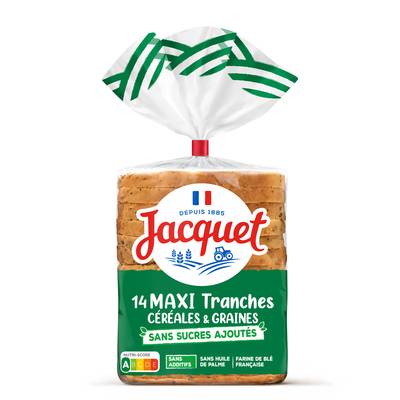 Jacquet Pain de Mie Céréales & Graines Maxi Tranches Sans Sucre Ajouté, 14 tranches - 550g
