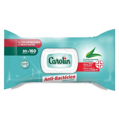 Carolin Lingettes Resistantes Anti-Bactérien sans Javel Eucalyptus, 80 lingettes