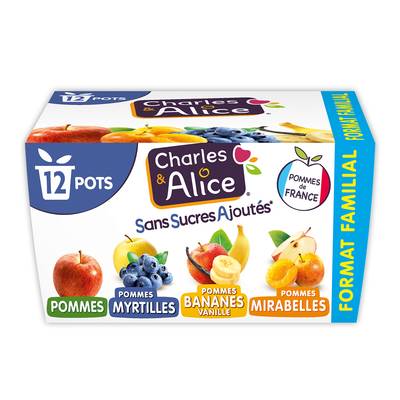 Charles et Alice Compotes panachées sans sucre ajouté, 12x100g