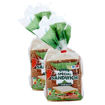Auchan Pain de Mie 7 Céréales Grandes Tranches avec Croûte Spécial Sandwich, Lot de 2x550g