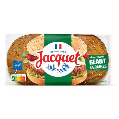 Jacquet Pain Burger Géant 3 Graines, 4 Buns - 330g