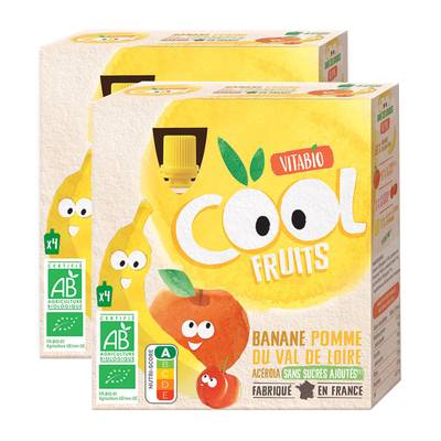 Vitabio - Cool Fruits Gourdes Banane, Pomme, Acerola BIO - Purée de Fruits, Lot de 2x4x90g