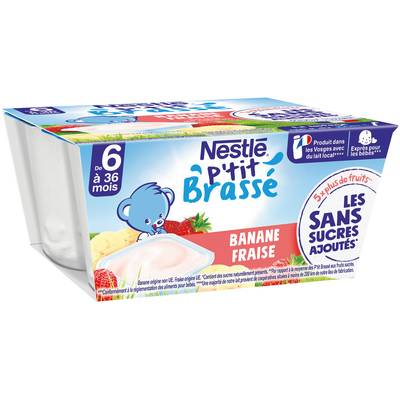Nestlé - P'tit Brassé Dessert Lacté Banane Fraise Coupelle Bébé Dès 6 Mois, 4x90g
