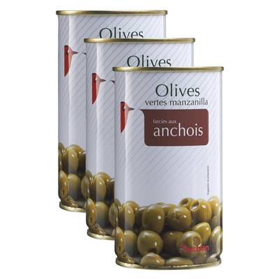 Auchan Olives vertes Manzanilla farcies aux anchois, Lot de 3x150g