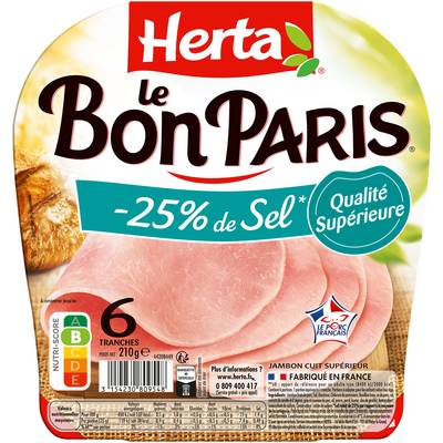 Herta Jambon Le Bon Paris, Taux de Sel Réduit - 25%*, 6 tranches - 210g