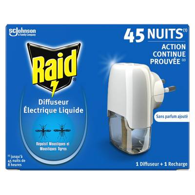 Raid Diffuseur Répulsif Moustiques 45 nuit, 1 diffuseur + 1 recharge