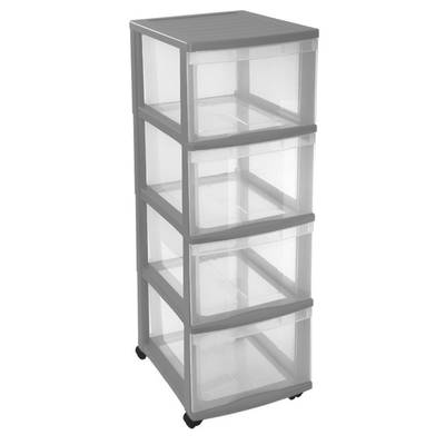 Optimo Tour de rangement 4 tiroirs argentée + 4 roulettes, 38X30X85,5 cm