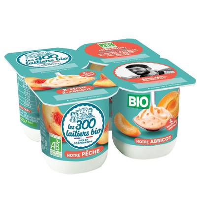 Les 300 laitiers bio Yaourts brassés Bio abricot et pêche, 4x125g
