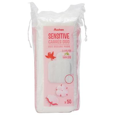 Auchan Cotons carrés à démaquiller Sensitive, 50 cotons