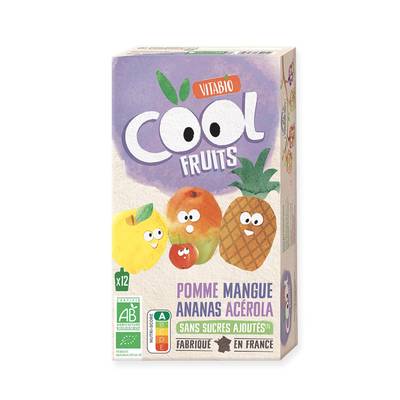 Vitabio - Cool Fruits Pommes Mangue Ananas Acérola Bio - Purée de Fruits, 12 gourdes de 90g