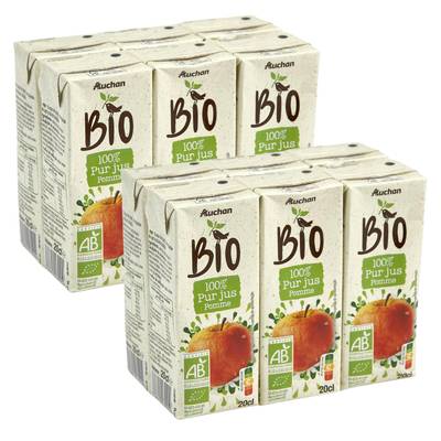 Auchan BIO Pur jus de pommes bio, Lot de 2 pack de 6x20cl