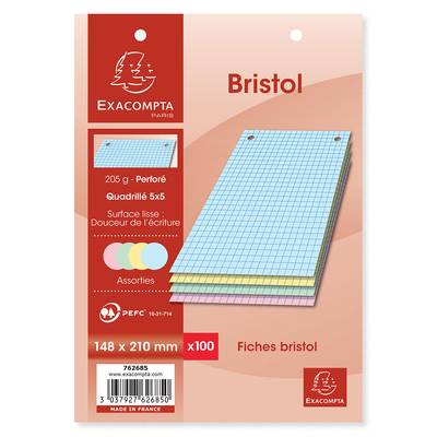 Exacompta Fiches Bristol 14,8 x 21 cm couleurs assorties, 100  fiches