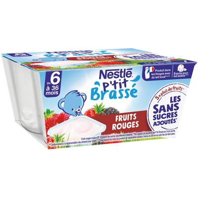 Nestlé - P'tit Brassé Dessert Lacté Fruits Rouges Coupelle Bébé Dès 6 Mois, 4x90g