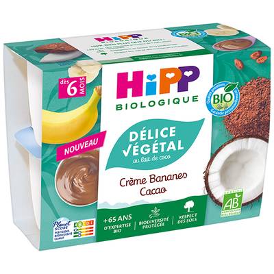 Hipp - Délice Végétal Crème Végétale Bananes Cacao au lait de coco Bio Coupelle Bébé Dès 6 mois, 4x100g