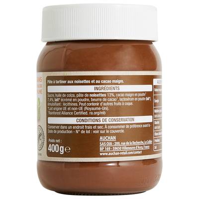 3596710552733 - Auchan - Pâte à tartiner cacao et noisettes sans huile de palme