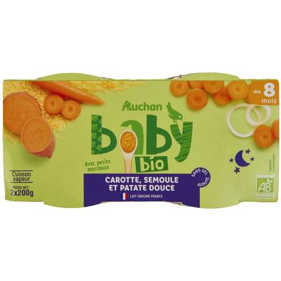 Auchan Baby Bio Carotte semoule patate douce bio Bol Bébé dès 8 mois, 2x200g