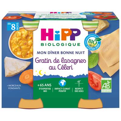 Hipp - Mon Dîner Bonne Nuit Gratin de Lasagnes au Céleri Bio Pot Bébé Dès 8 mois, 2x190g