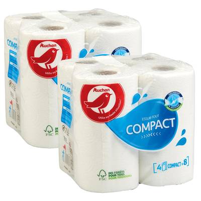 Auchan Essuie-tout super absorbant compact, Lot de 2x4 rouleaux