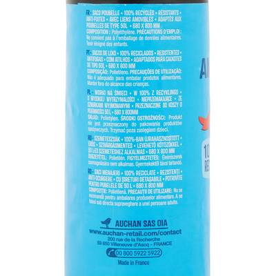 Auchan Sacs poubelle à liens amovibles 50L, 15 sacs poubelle