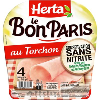 Herta Jambon au Torchon Le Bon Paris, Conservation Sans Nitrites, 4 tranches - 140g