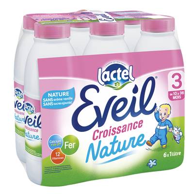 Lactel Eveil Lait de Croissance 3 Nature Liquide Bébé Dès 10 mois, 6x1L