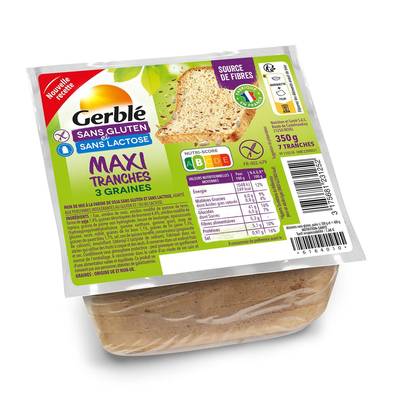 Gerblé Sans Gluten Sans Lactose Pain de Mie Moelleux Maxi Tranches 3 graines Sans Gluten, 350g