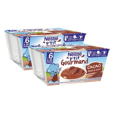 Nestlé - P'tit Gourmand Dessert Lacté Cacao Coupelle Bébé Dès 6 mois, Lot de 2x4x100g