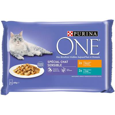Purina - One Sachets en sauce Effilés Thon, Poulet et Carottes spécial chat sensible pour chat adulte, 4x85g