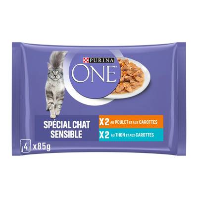 Purina - One Sachets en sauce Effilés Thon, Poulet et Carottes spécial chat sensible pour chat adulte, 4x85g