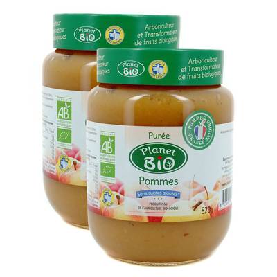 Planet Bio Purée de pomme bio sans sucres ajoutés, 2x820g