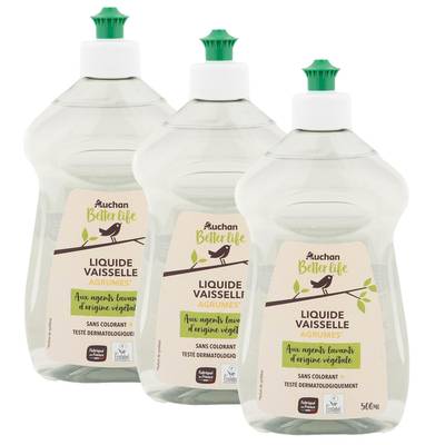 Auchan Better Life Liquide vaisselle nettoie et dégraisse parfum agrumes, Lot de 3x500ml