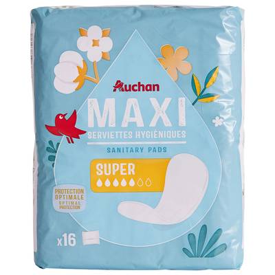 Auchan Serviettes hygiéniques maxi super, 16 serviettes
