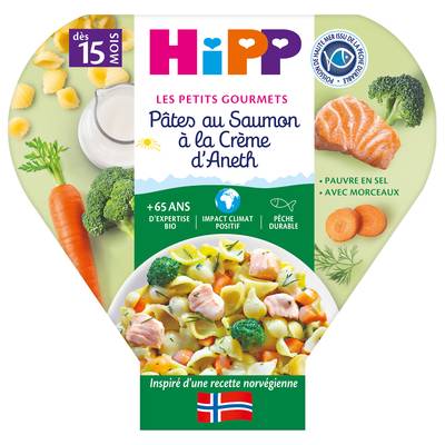Hipp - Les Petits Gourmets Pâtes au Saumon à la Crème Aneth Bio Assiette Bébé Dès 15 mois, 250g