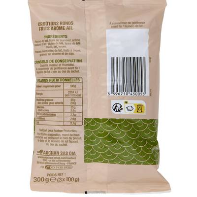 Auchan Croûtons à l'ail Sans Huile de Palme, 3x100g