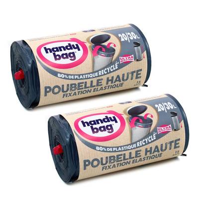 Handy Bag Sacs poubelle pour poubelle haute 20-30L - Fixation élastique, Lot de 2x15 sacs de 20-30L