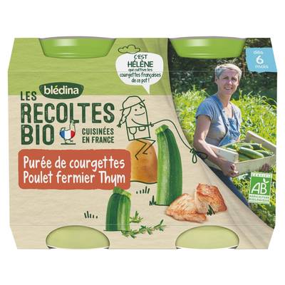 Blédina - Les Récoltes Bio Purée de Courgettes, Poulet fermier, Thym Bio Pot Bébé Dès 6 mois, 2x200g