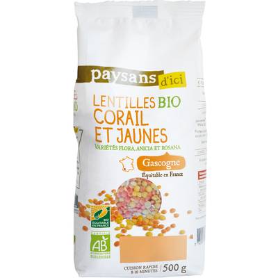 Paysans d'ici - Commerce Equitable Lentilles corail et jaunes Bio de Gascogne, 500g