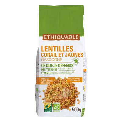 Ethiquable - Commerce Equitable Lentilles corail et jaunes Bio de Gascogne, 500g